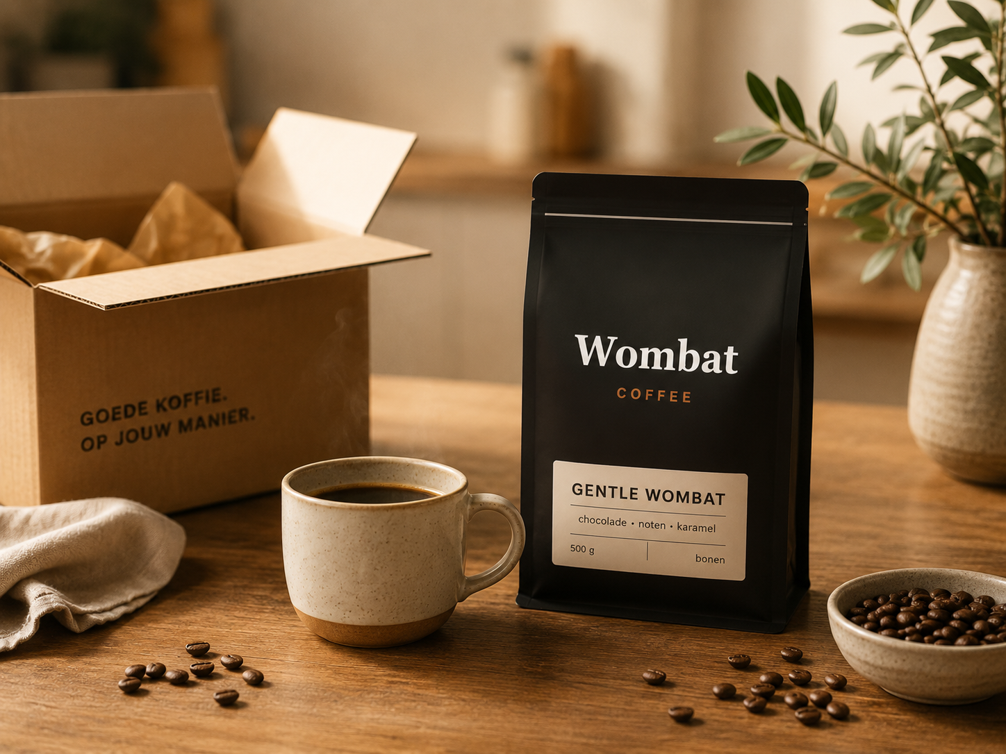 Een Wombat-koffieabonnement met Gentle Wombat, een verzenddoos en een kop koffie